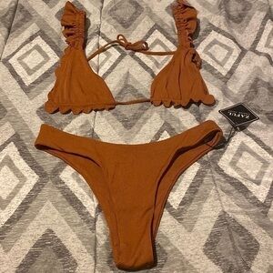 ZAFUL Brown Ribbed ruffle trim bikini